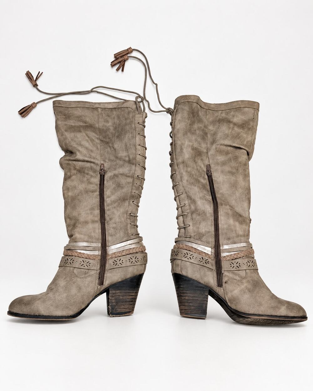 Jellypop Taupe Tall Slouch Boots Boho Western Heels